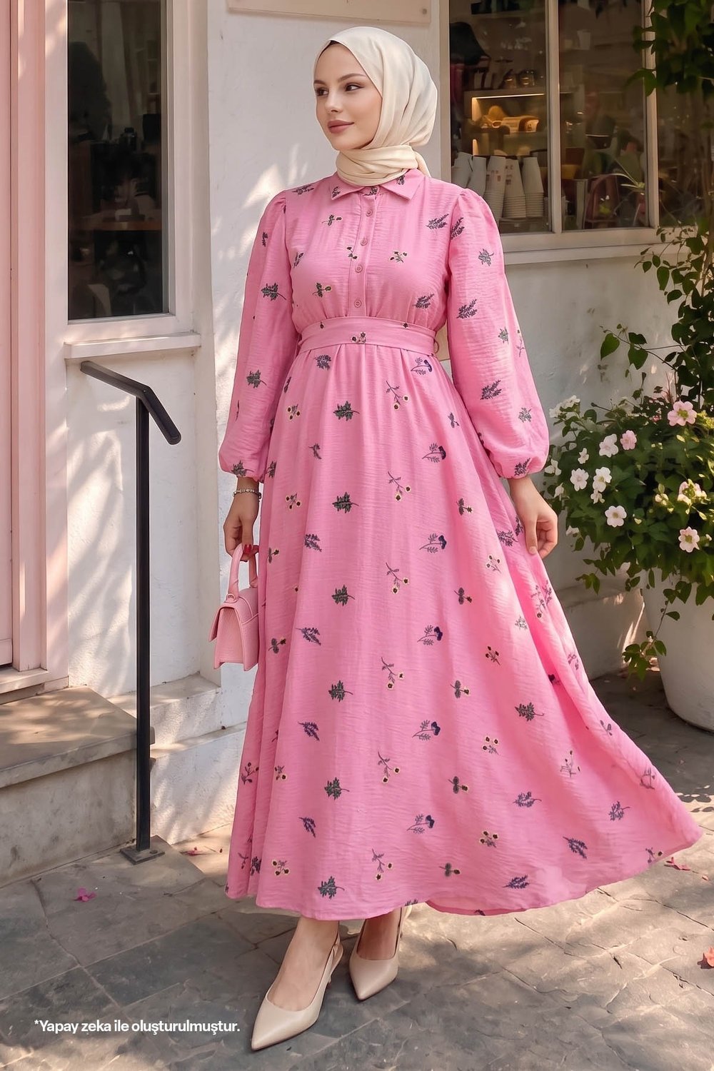 Shirt Collar Embroidered Fuchsia Dress