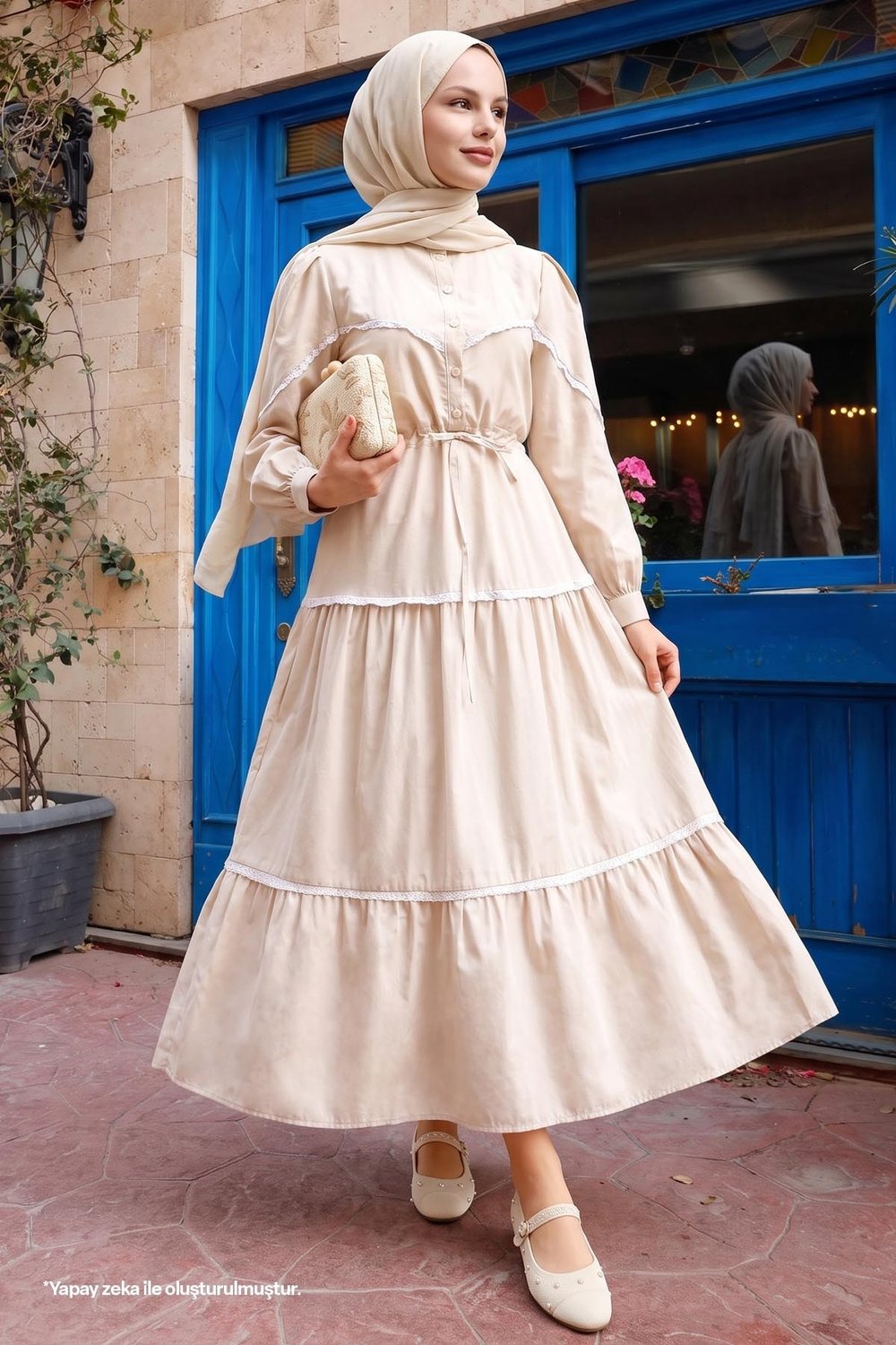 Lace Detail Balloon Sleeve Stone Dress