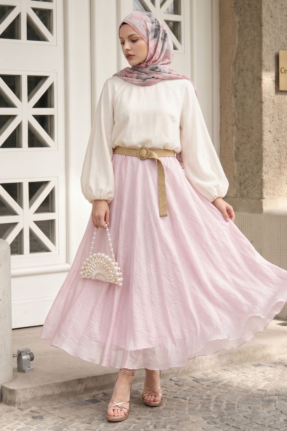 Hasır Kemerli Pembe Tül Etek