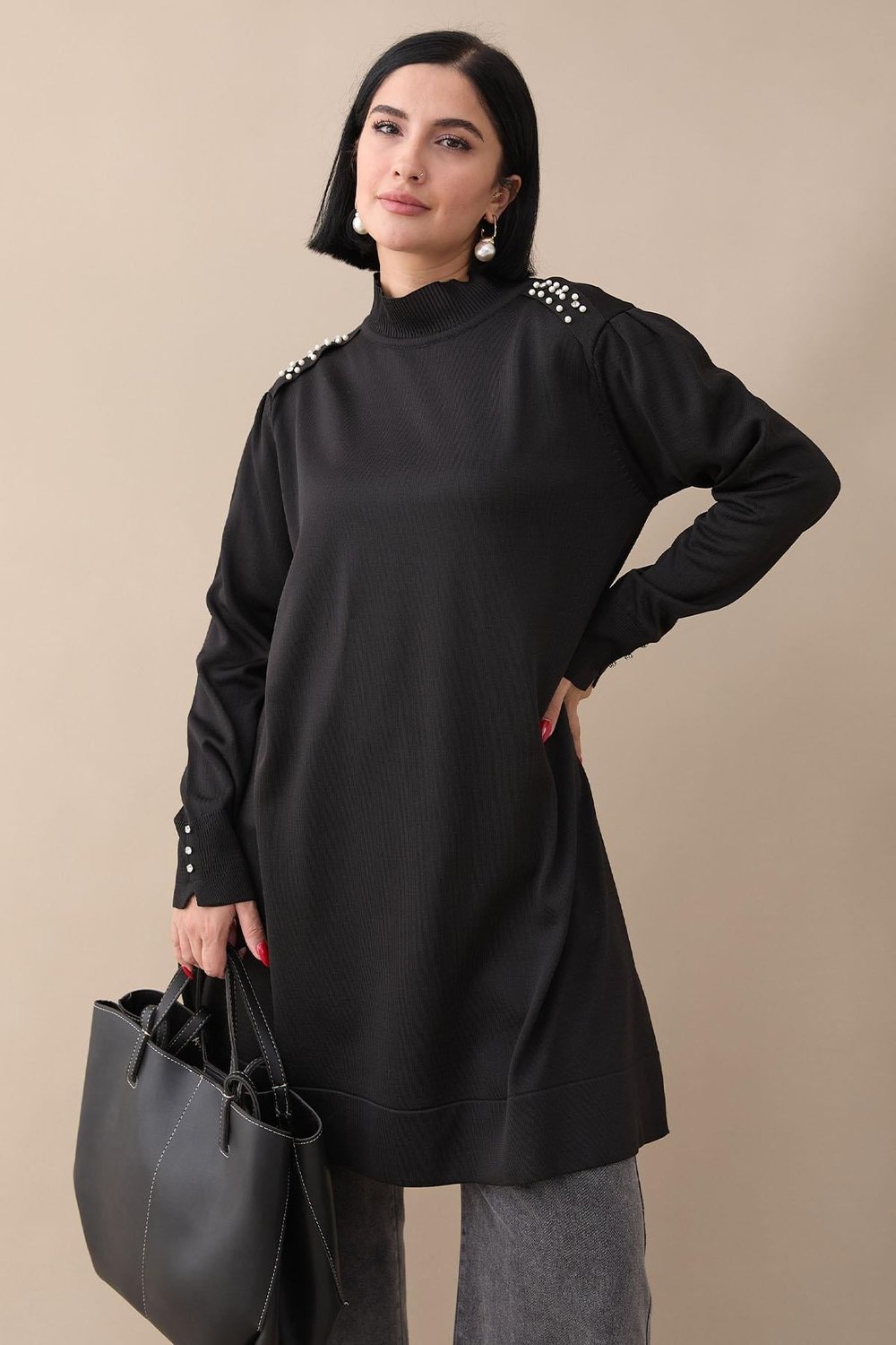 Pearl Detail Black Knit Sweater