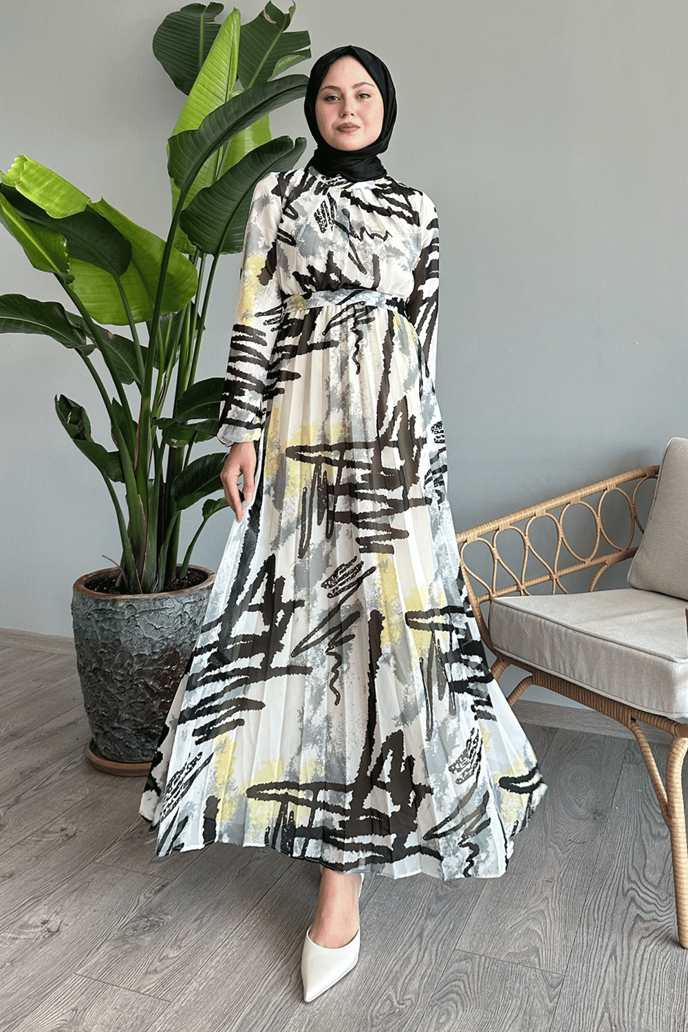 Mixed Stripe Pattern Gray Chiffon Dress