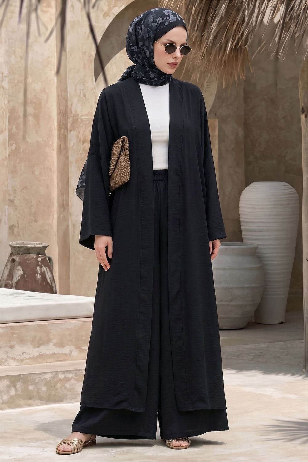 Kimono Pantolonlu Siyah Takım