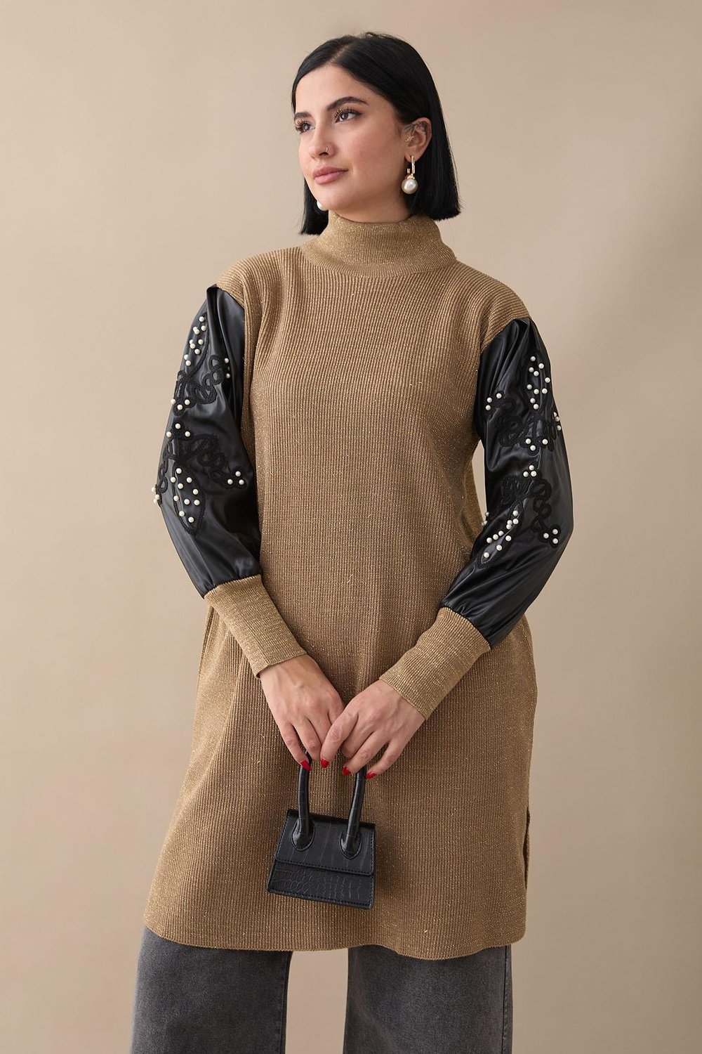 Leather Glitter Sleeve Camel Knit Tunic