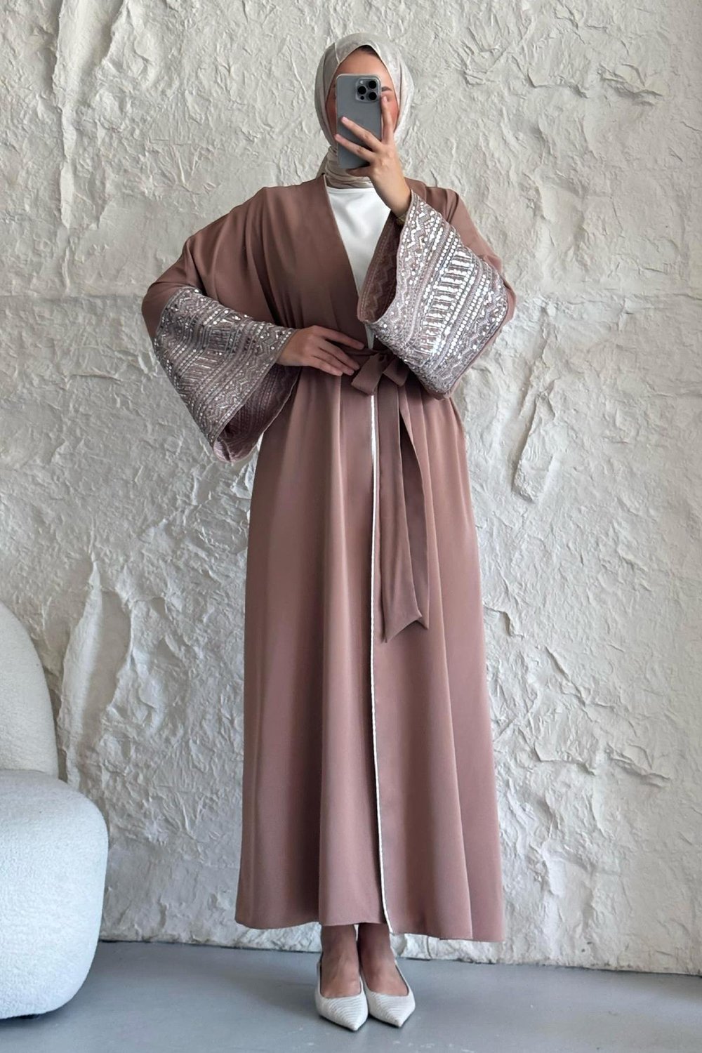 Kolları Pul Payetli Bej Abaya