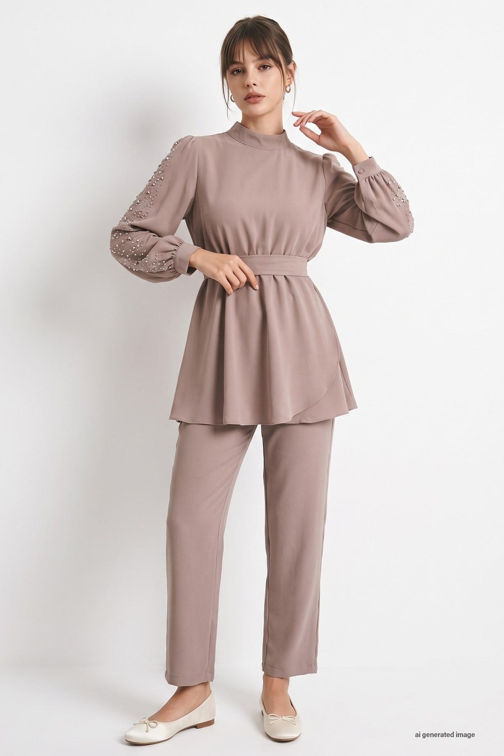 Pearl-Sleeved Gathered Waist Beige Set