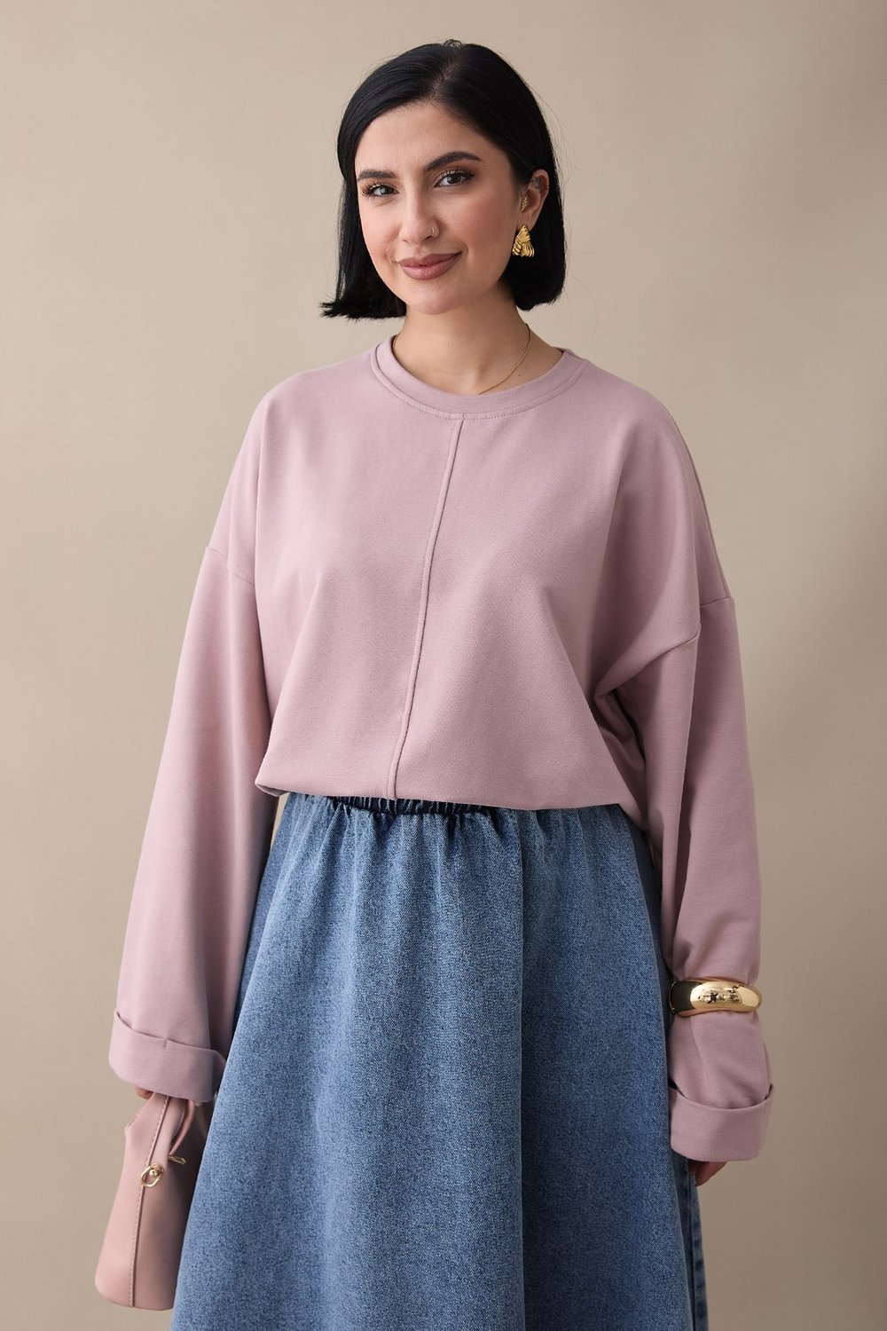 Kolu Katlamalı Oversize Gül Kurusu Sweat