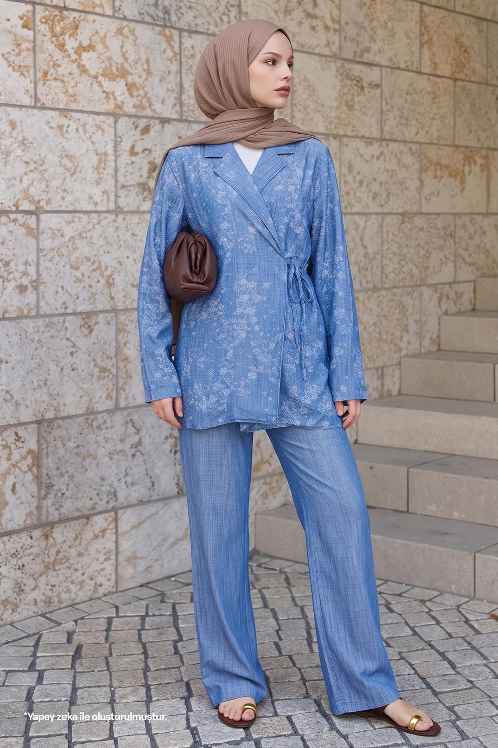 Kot Görünümlü Jakar Mavi Kimono Takım