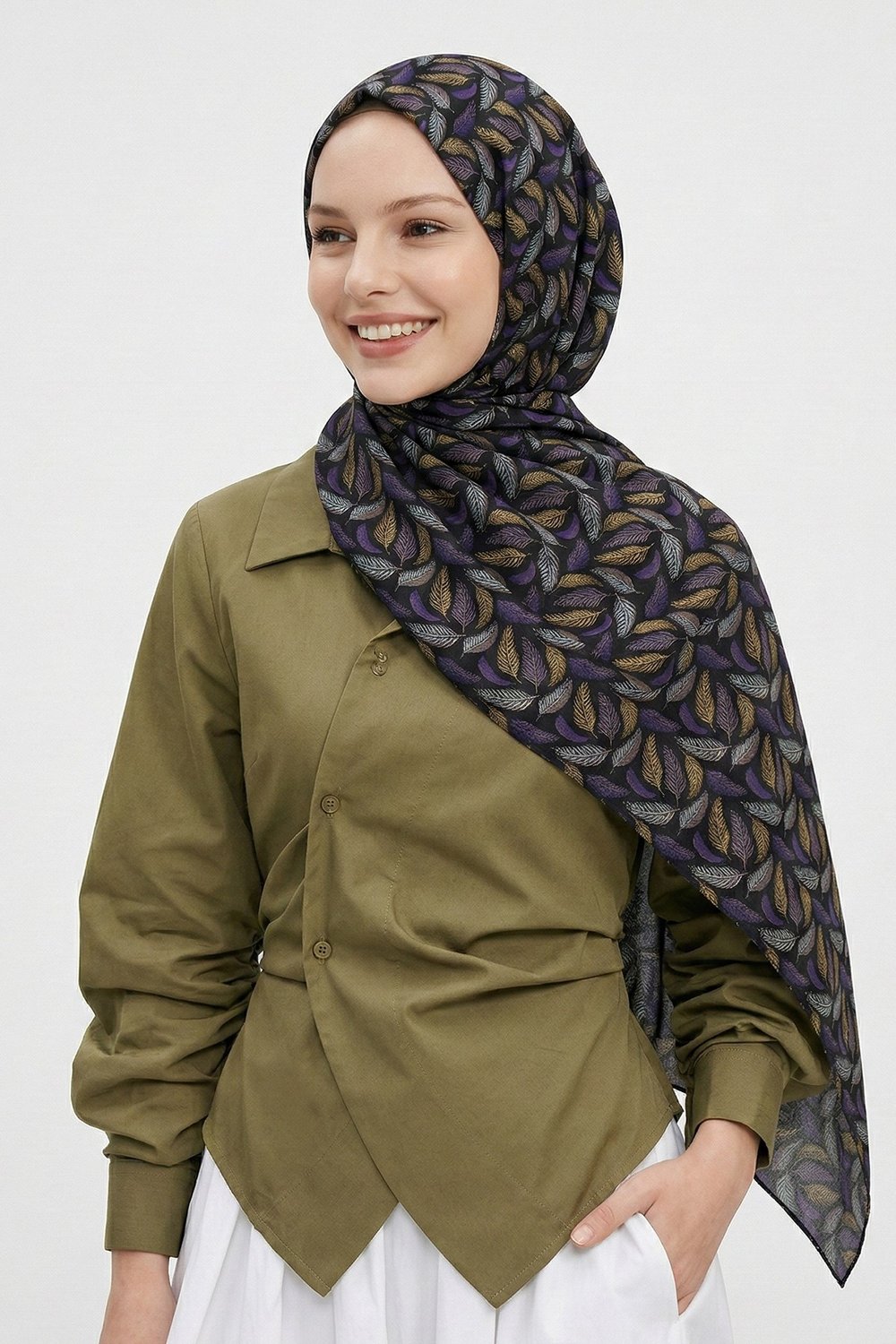 Kuş Tüyü Desenli Mor Soft Pamuk Şal