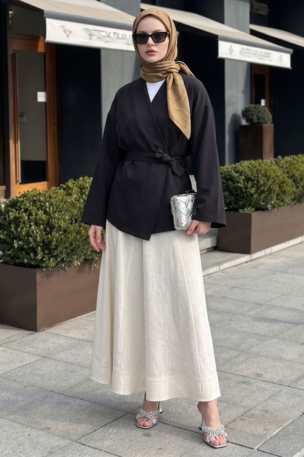 Kuşaklı Tek Düğmeli Double Kimono Siyah