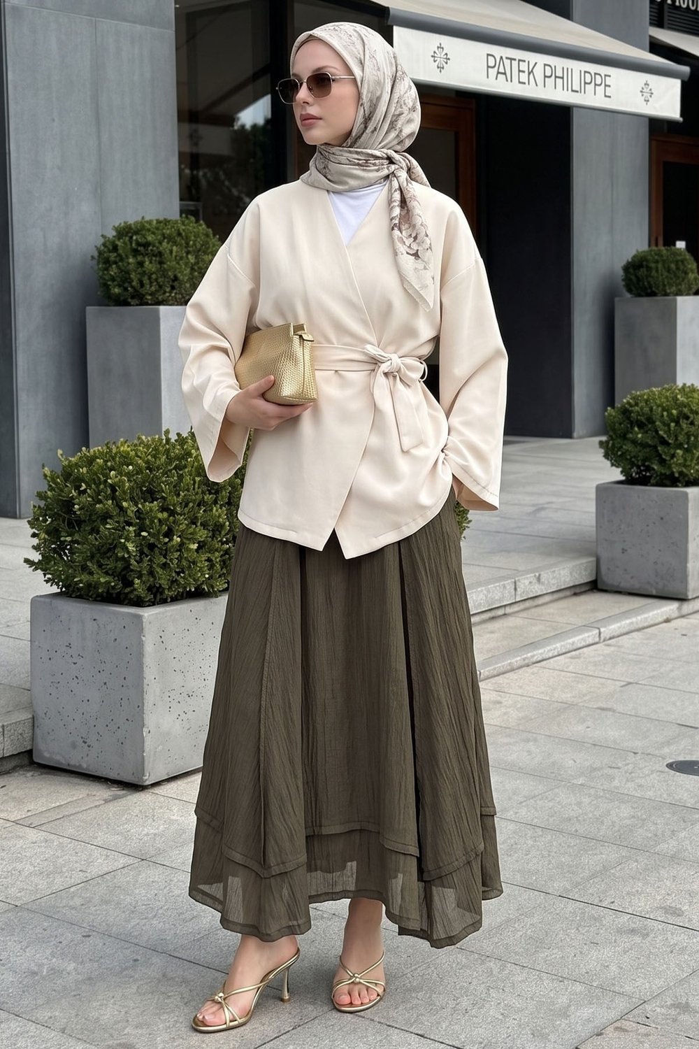 Kuşaklı Tek Düğmeli Double Kimono Taş