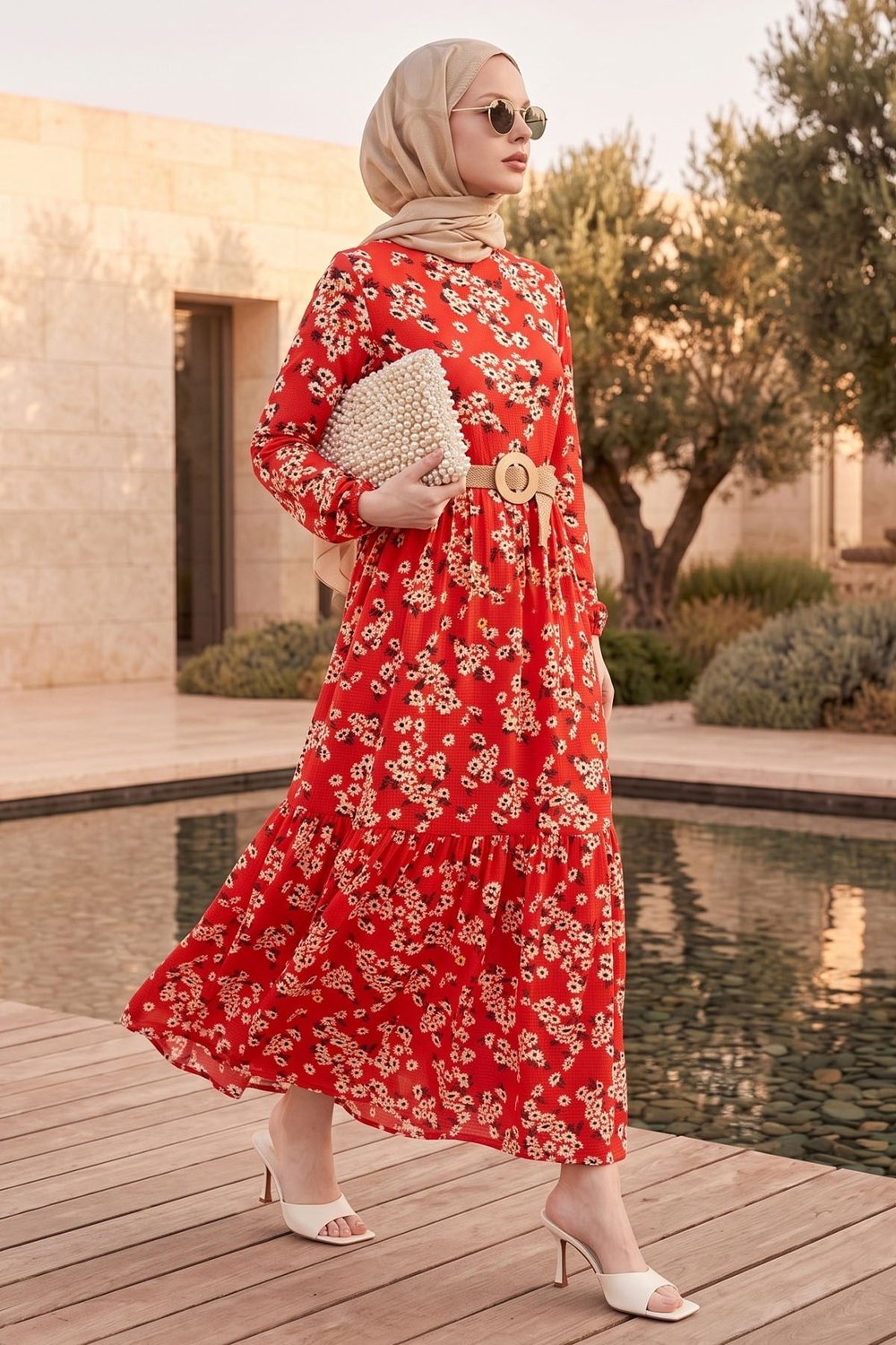 Lesa Floral Patterned Rattan Belt Burgundy Dress