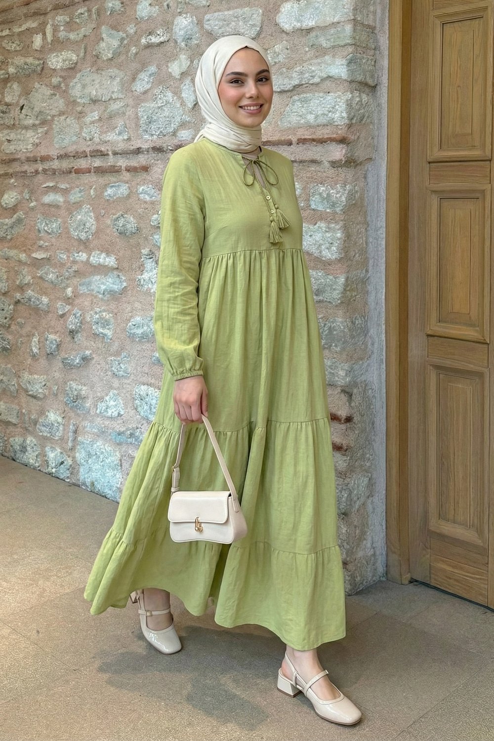 Lina Püsküllü Fıstık Yeşili Elbise