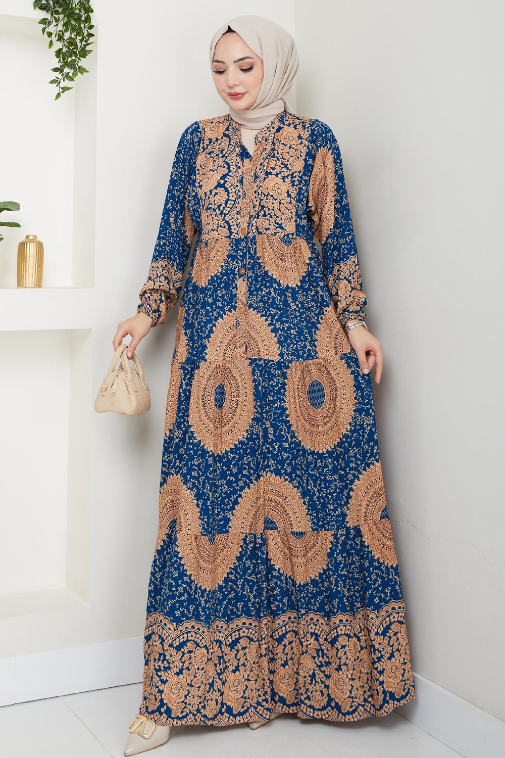 Mandala Desen İndigo Viskon Elbise