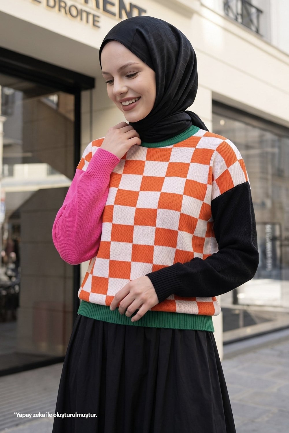 Monsa Square Checkered Knit Sweater in Orange
