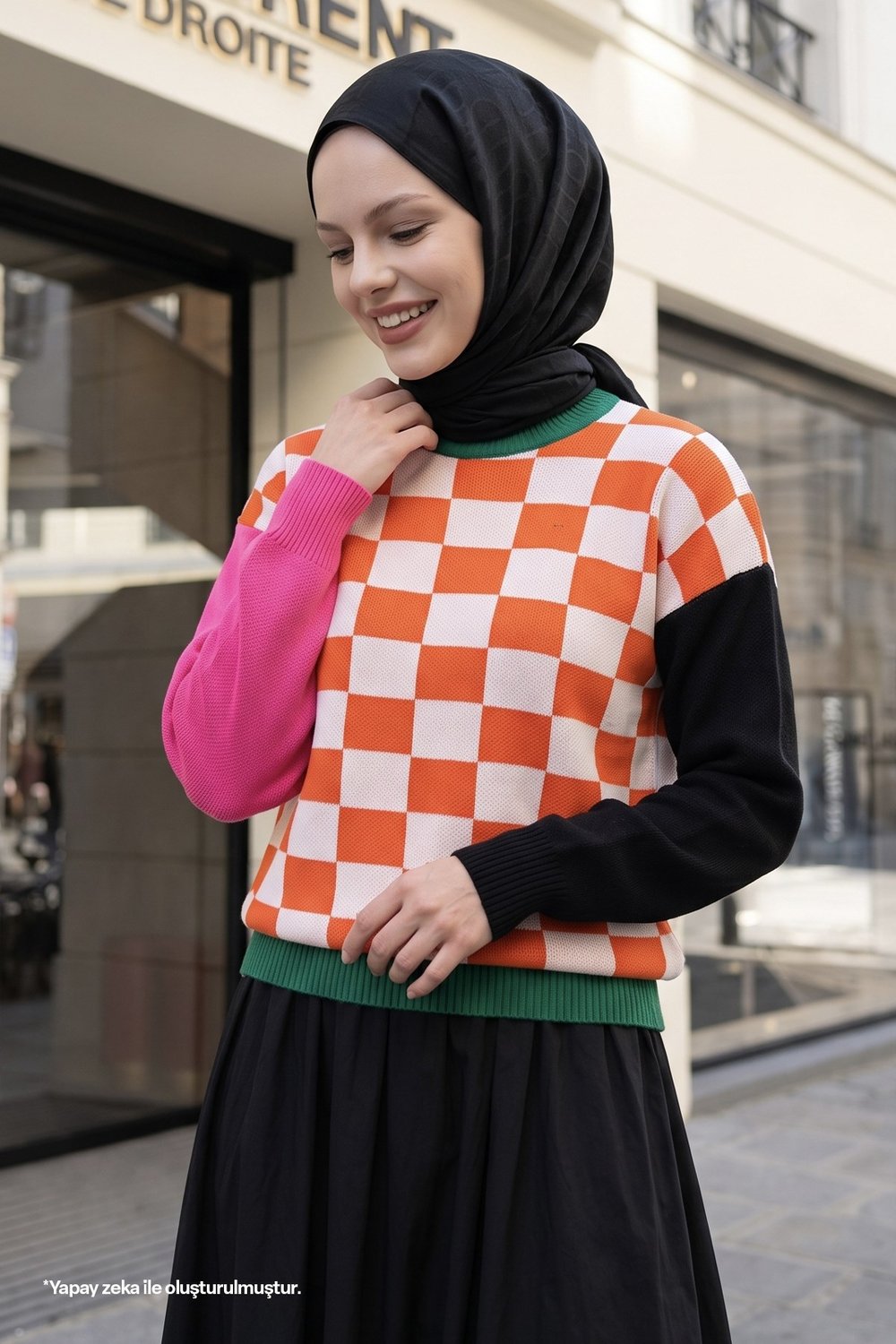 Monsa Square Checkered Knit Sweater in Orange