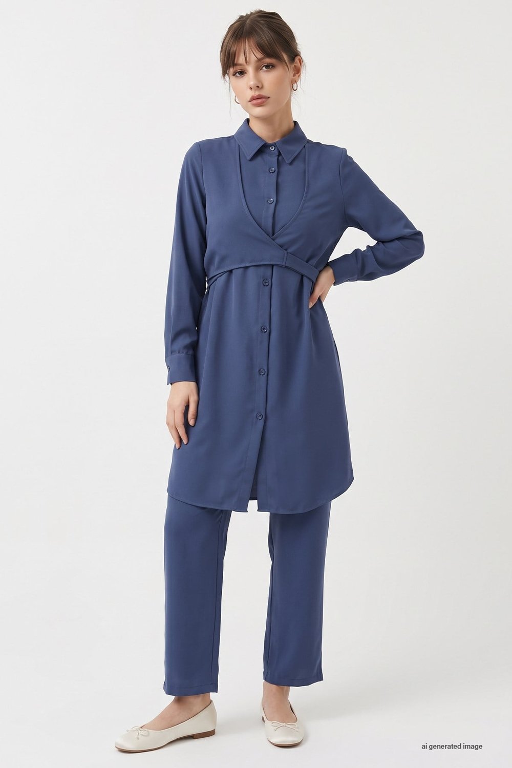 Front-Tied Navy Blue Two-Piece Suit