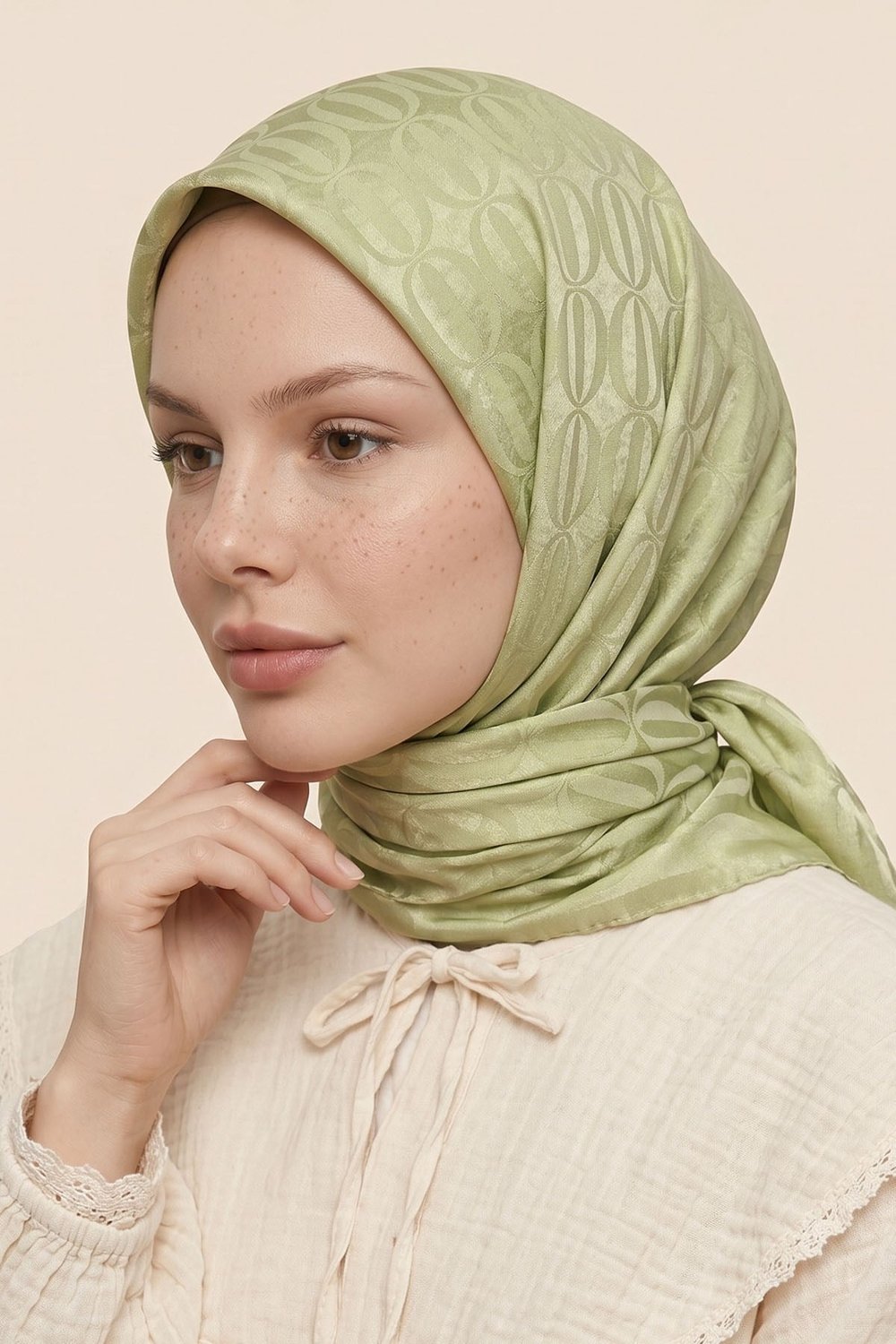 Oval Desen Ayrobin Jakar Eşarp - Fıstık Yeşili