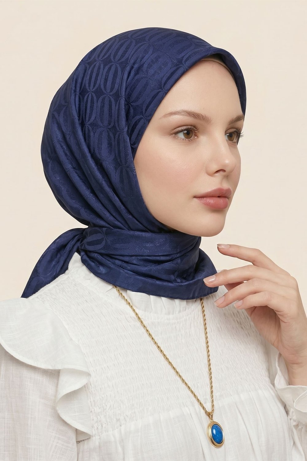 Oval Desen Ayrobin Jakar Eşarp - Lacivert