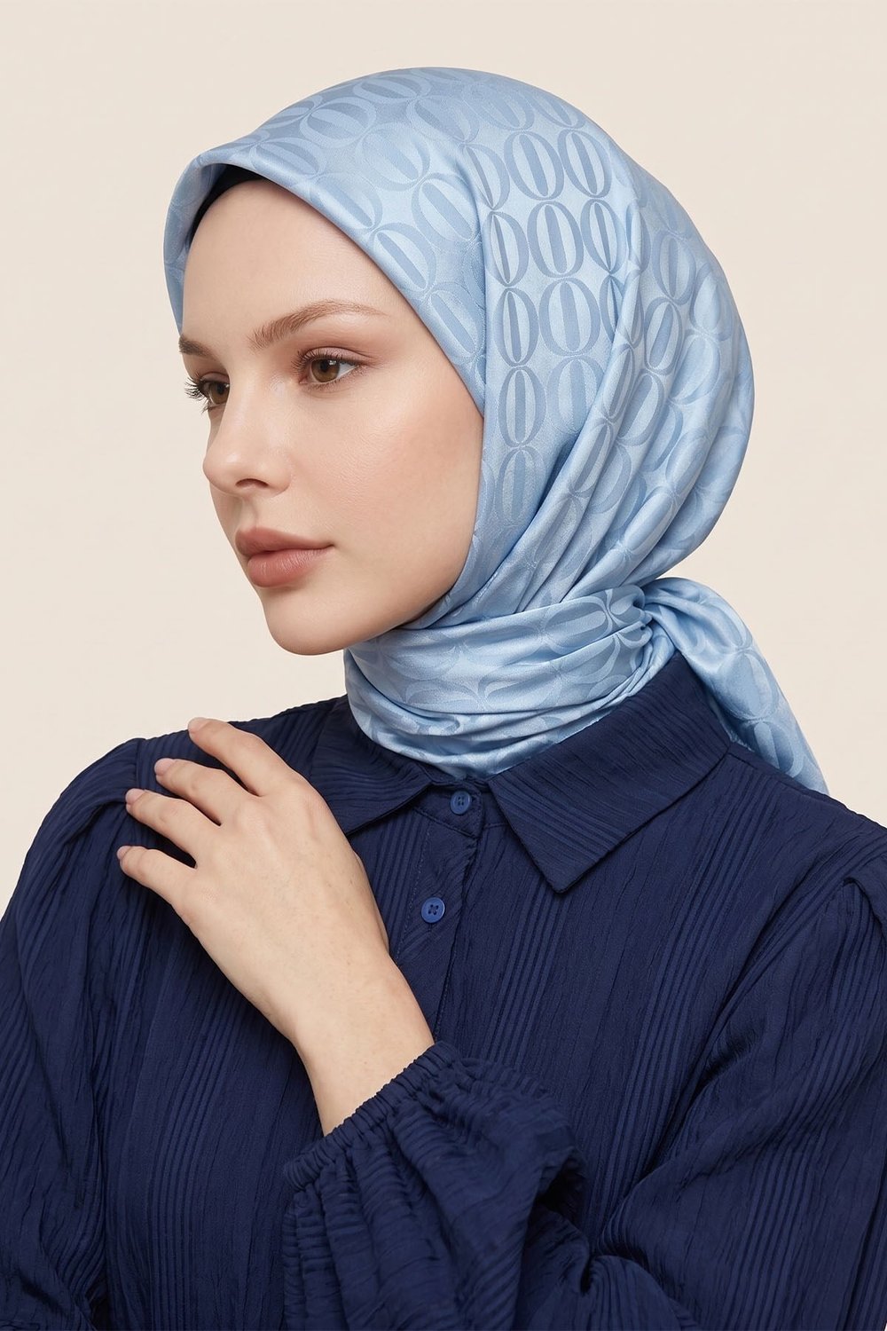 Oval Desen Ayrobin Jakar Eşarp - Pastel Mavi