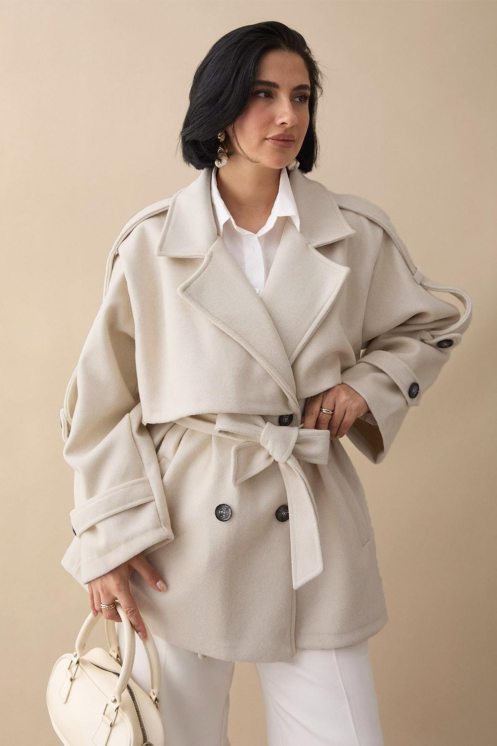 Oversize Kaşe Kumaş Astarsız Taş Kısa Kaban