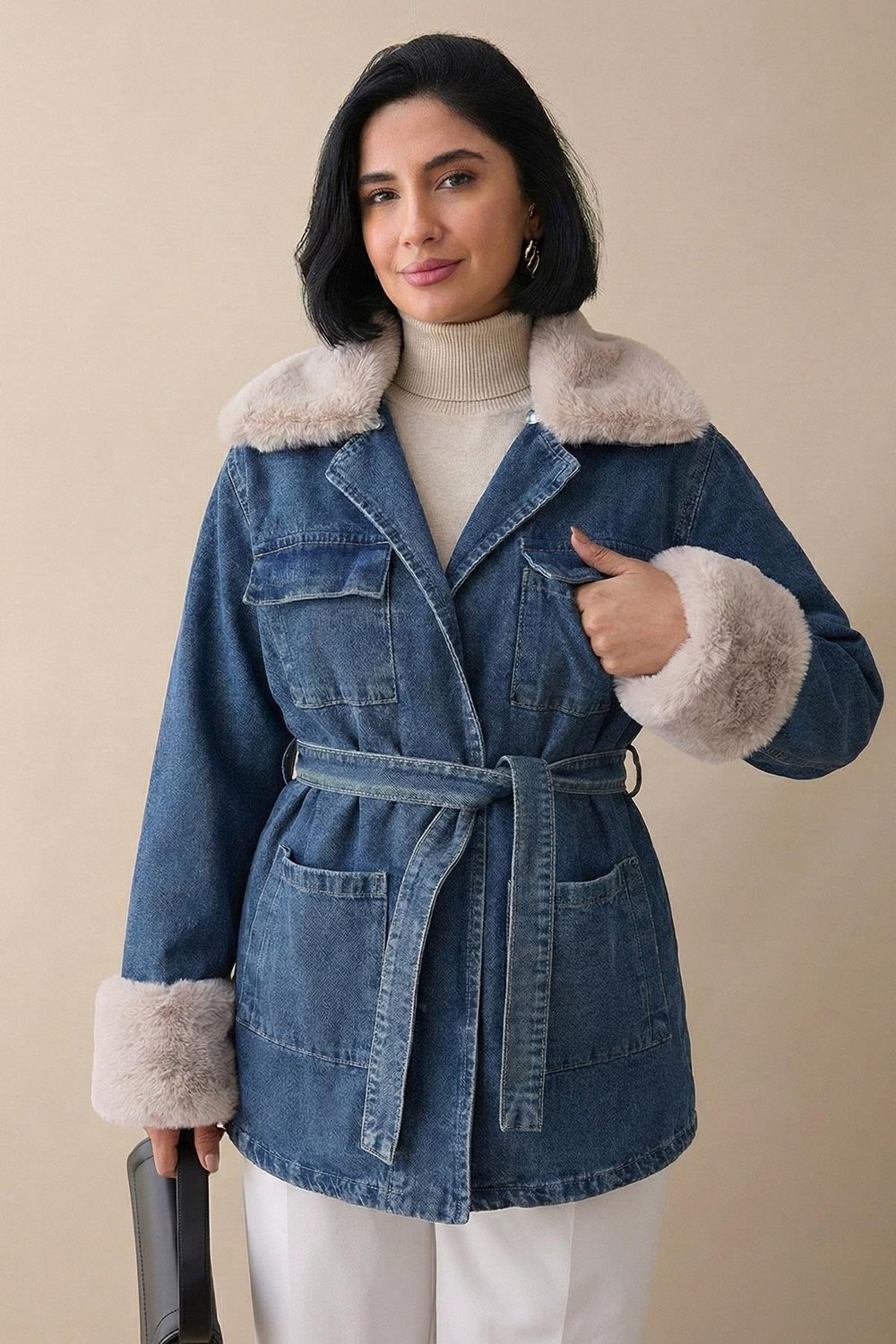 Peluş Detay Kuşaklı Mavi Kot Ceket