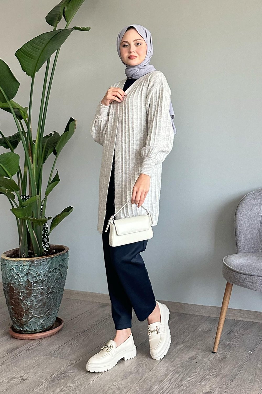 Plush Ribbed Grey Knit Cardigan