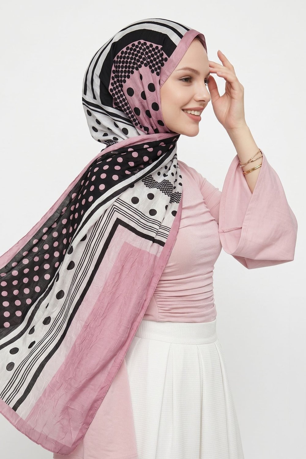 Puantiye Desen Dijital Bambu Şal - Pembe