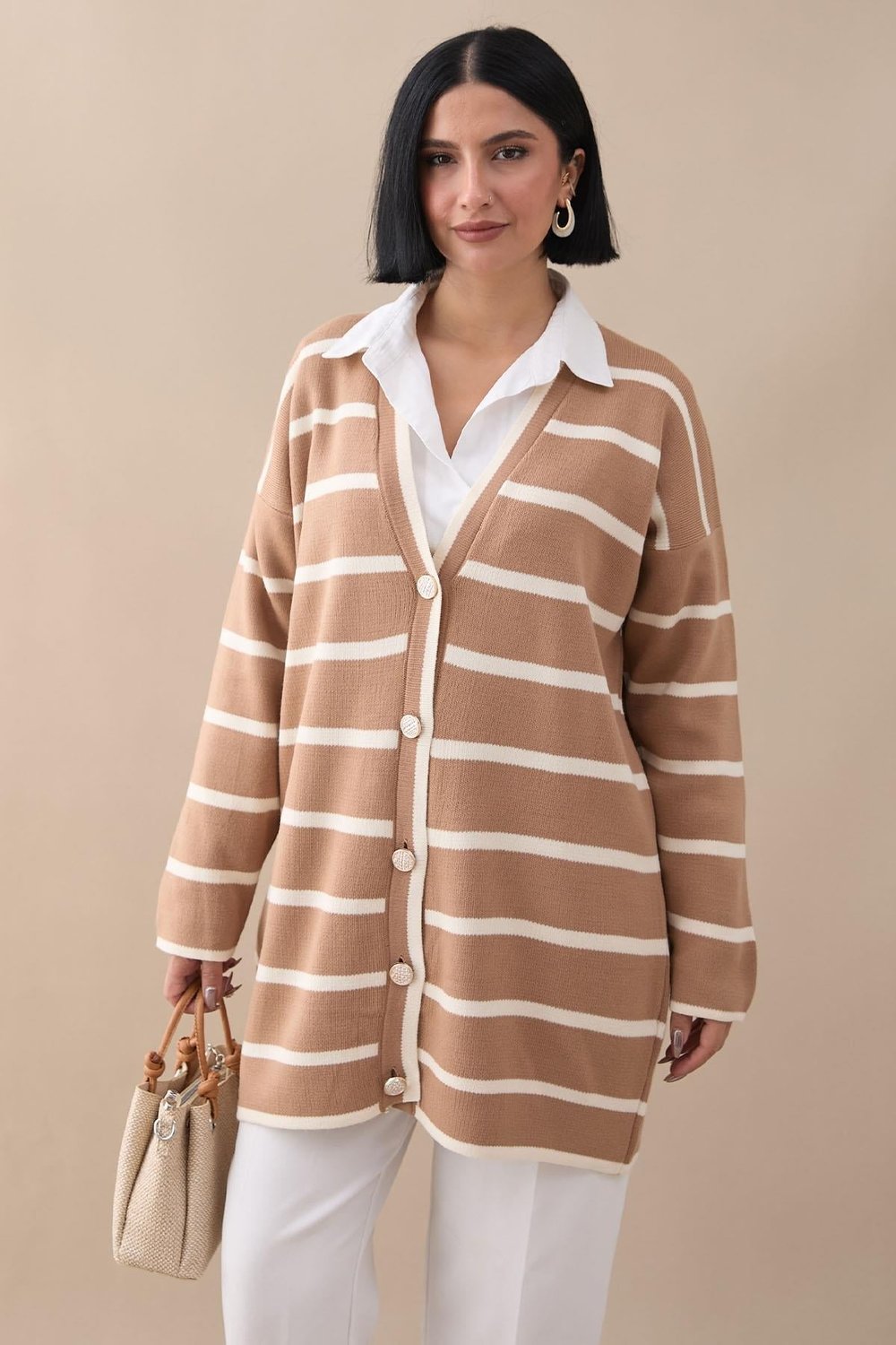 Salaş Şeritli Camel Triko Hırka