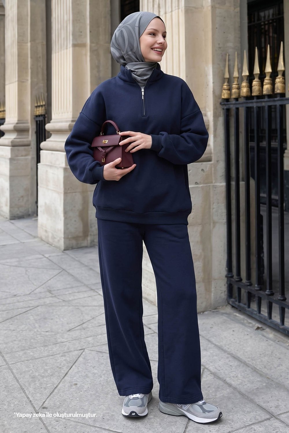 Fleece-Lined Zippered Navy Blue Two-Piece Set