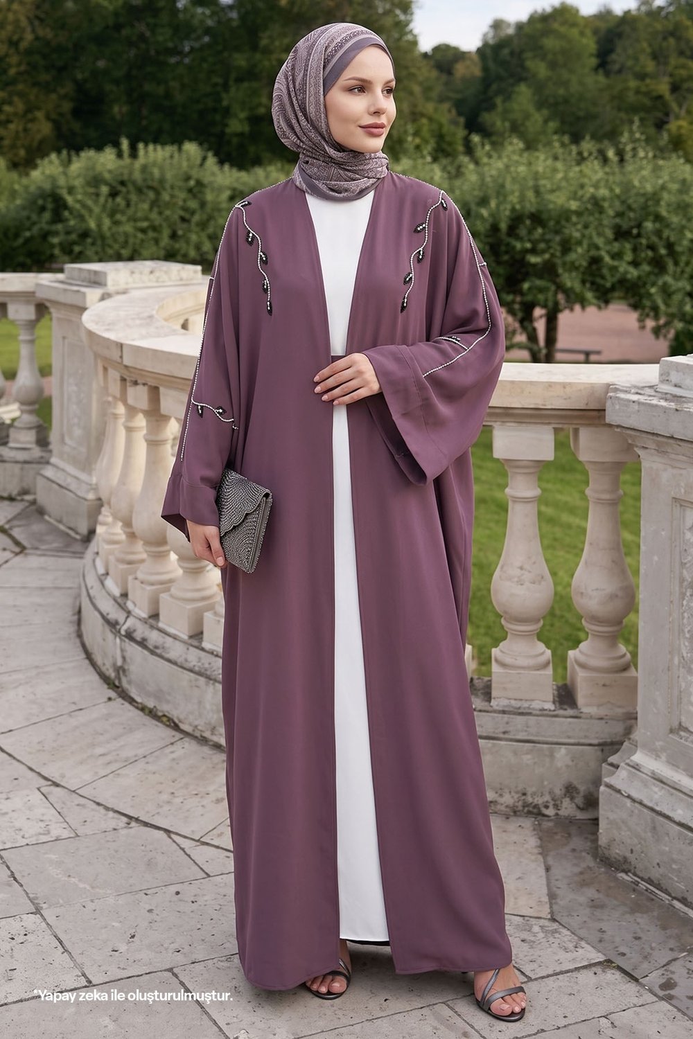 Sarmaşık Desen Taşlı Elbiseli Abaya Gül Kurusu