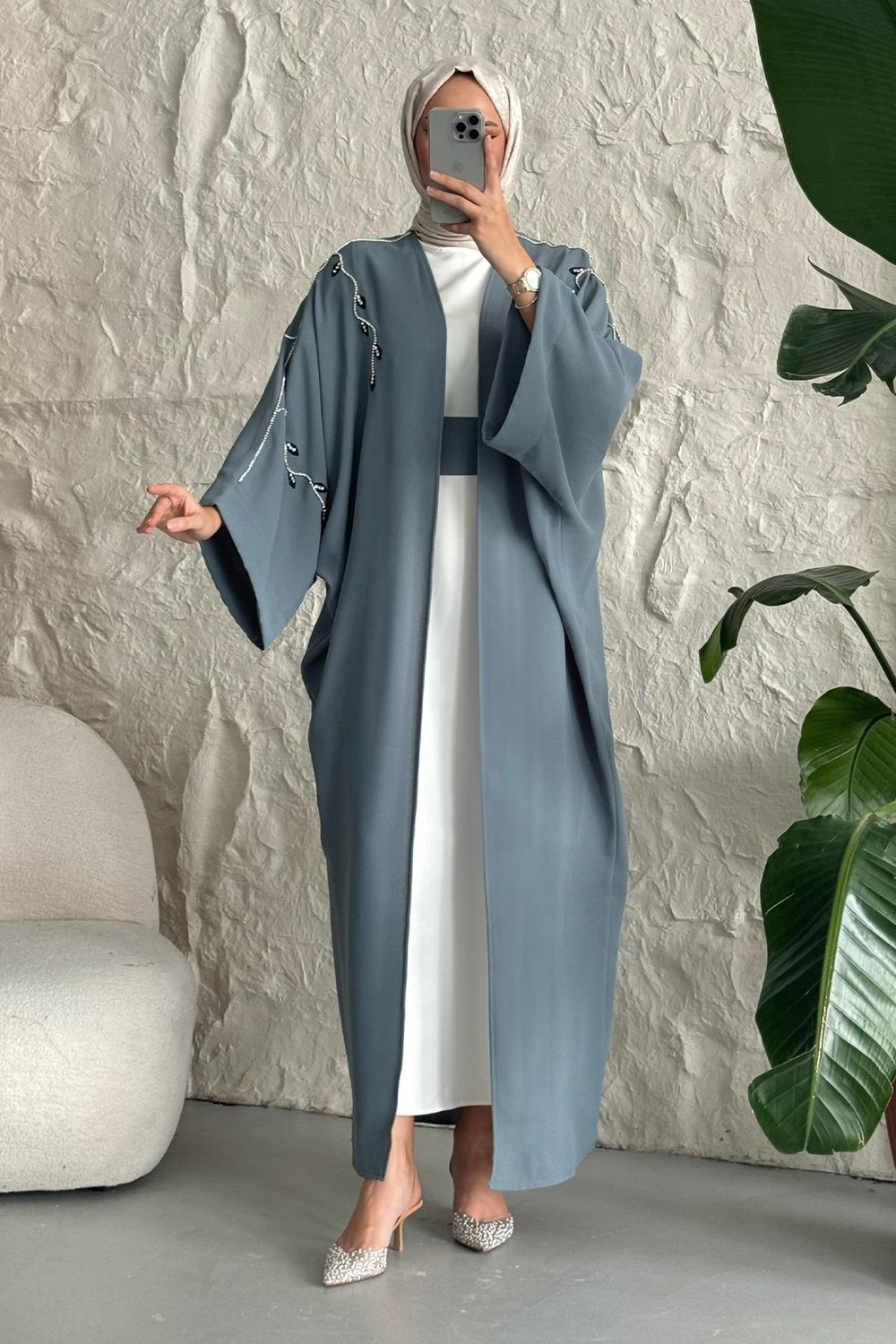 Sarmaşık Desen Taşlı Elbiseli Abaya Mint Yeşili