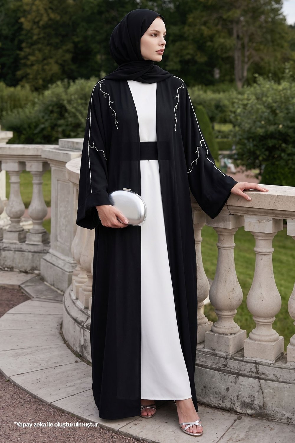 Sarmaşık Desen Taşlı Elbiseli Abaya Siyah