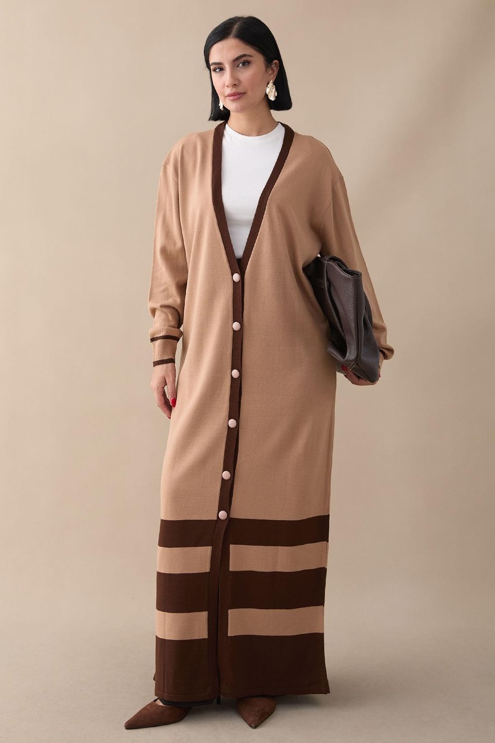 Şerit Detay Uzun Camel Triko Hırka