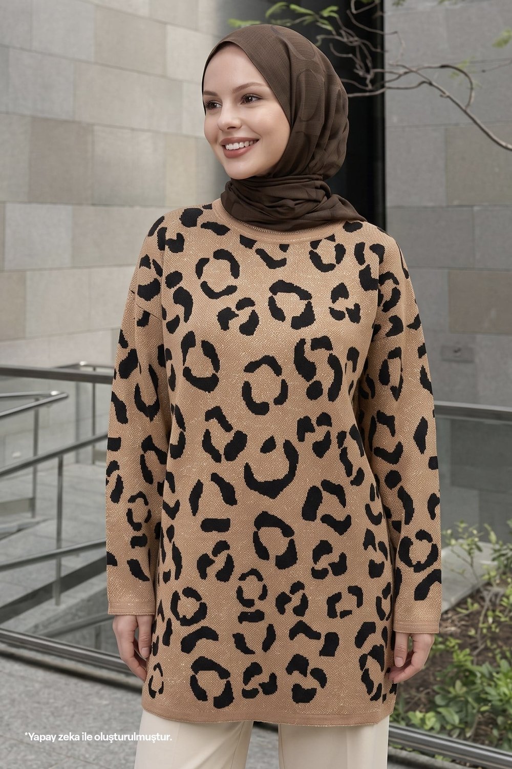 Shimmer Patterned Camel Knit Sweater