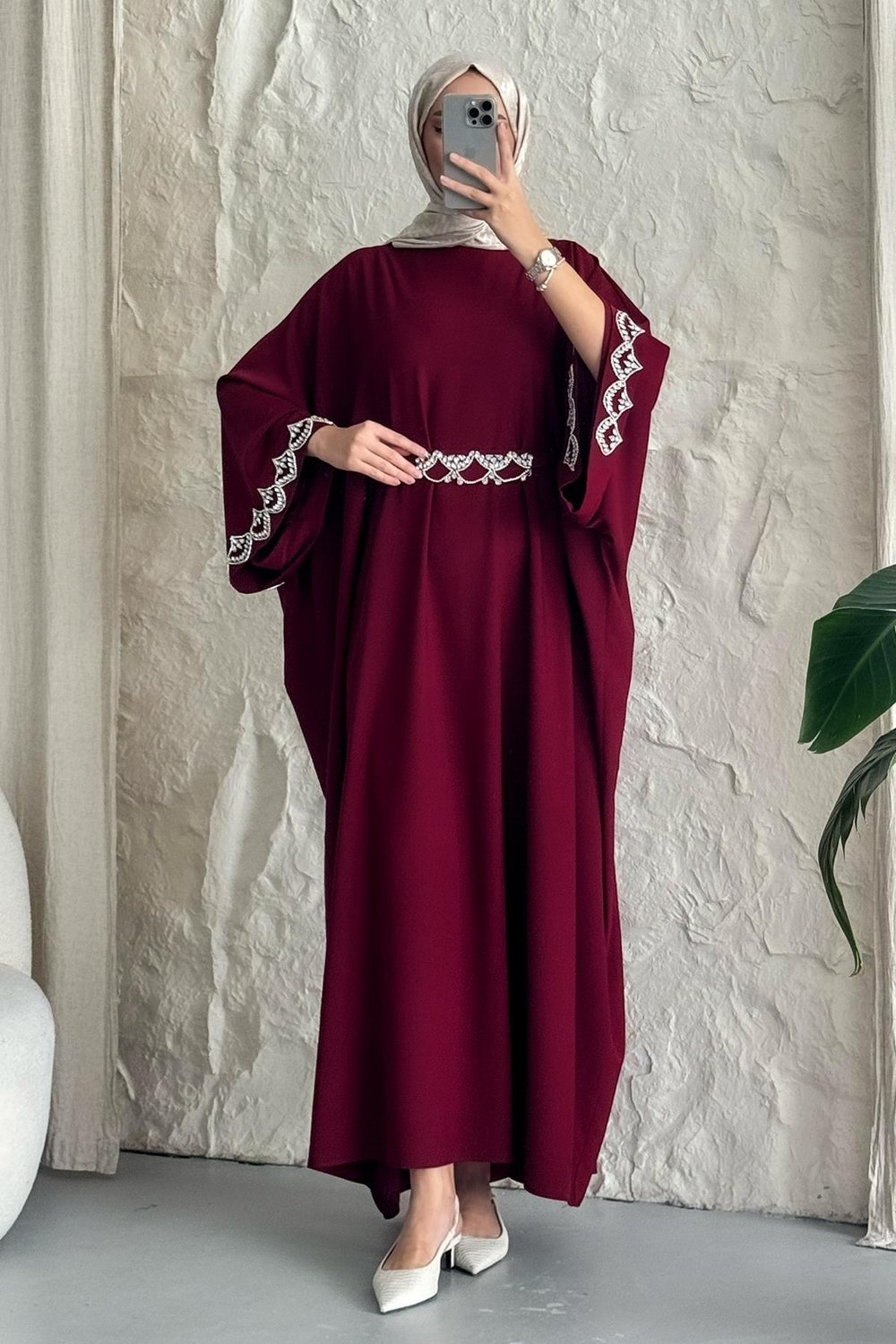 Taş Kemerli Yarasa Kol Bordo Abaya