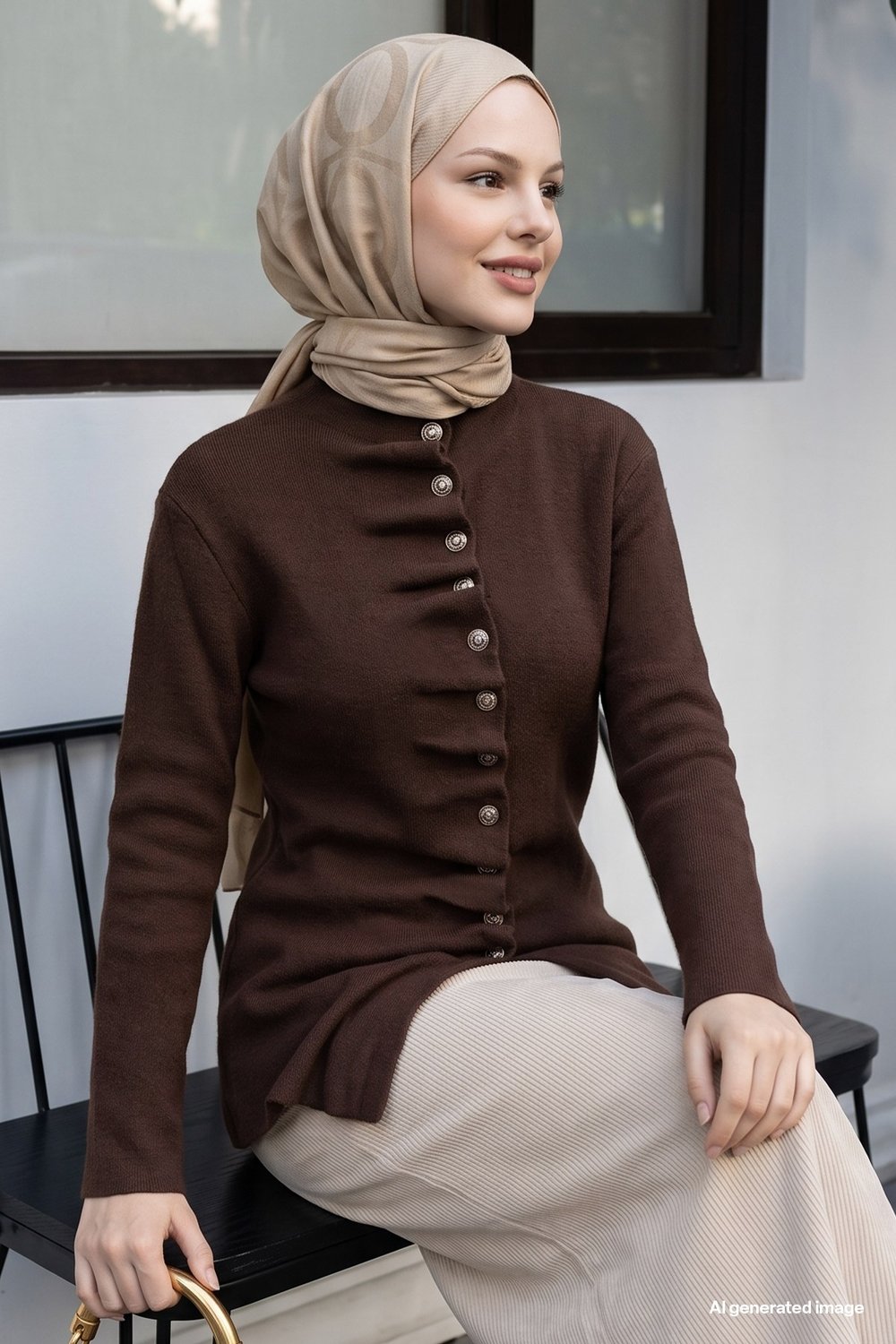 Volanlı Düğmeli Acı Kahve Triko Hırka