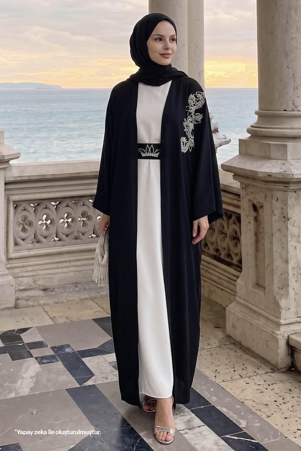Yakası Taşlı Yarasa Kol Elbiseli Abaya Siyah