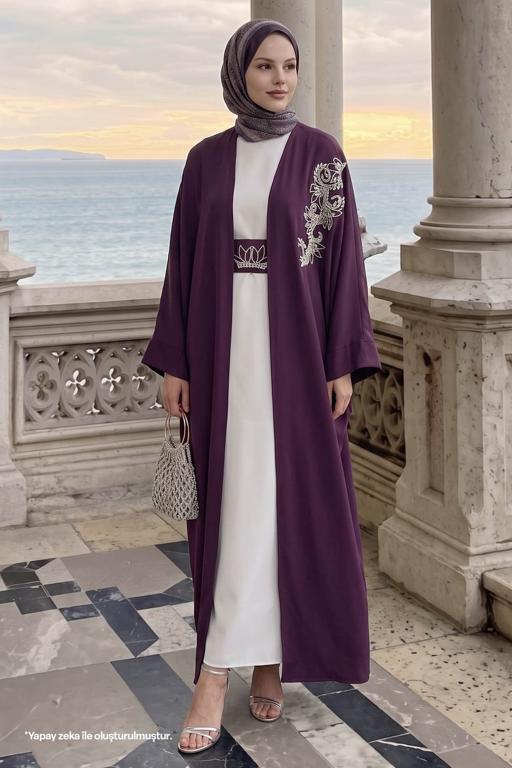 Yakası Taşlı Yarasa Kol Elbiseli Abaya Mor