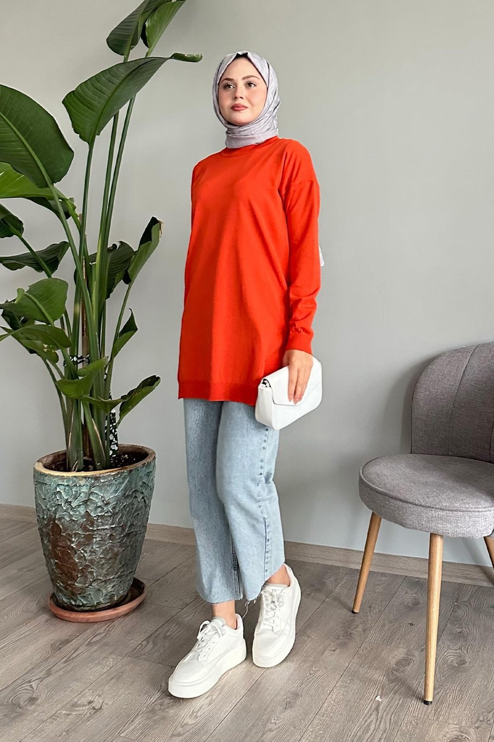 Yırtmaçlı Basic Turuncu Triko Tunik