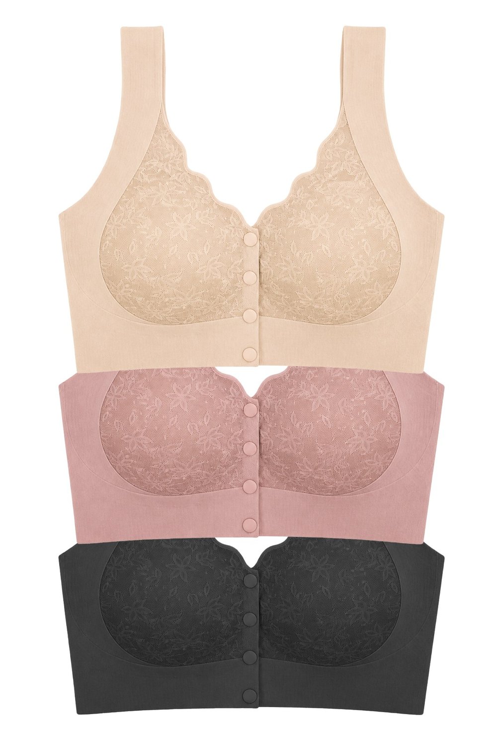Seamless Bra - Lunessa | Lazer Kesim Dikişsiz Önden Düğmeli Dantelli Minimizer Kadın Sütyen 3lü Paket-2