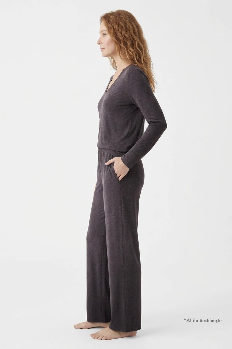 Premium - Serene Collection | Vizon Rib Dokulu Uzun Kollu Bol Paça Viskon Kadın Pijama Takımı