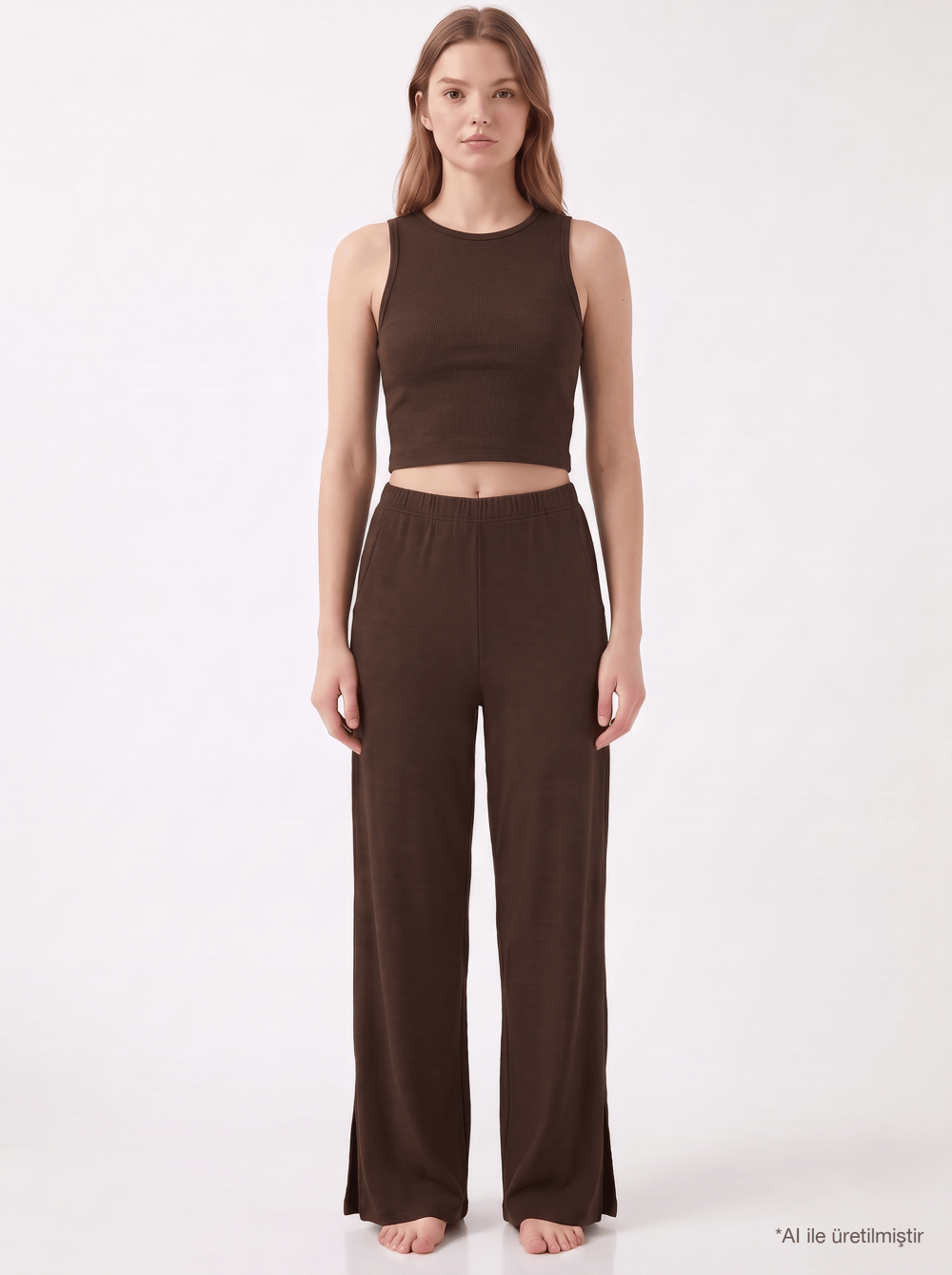Premium - Serene Collection | Kahverengi Rib Dokulu Önden Bağlamalı Viskon 3lü Kadın Pijama Takımı