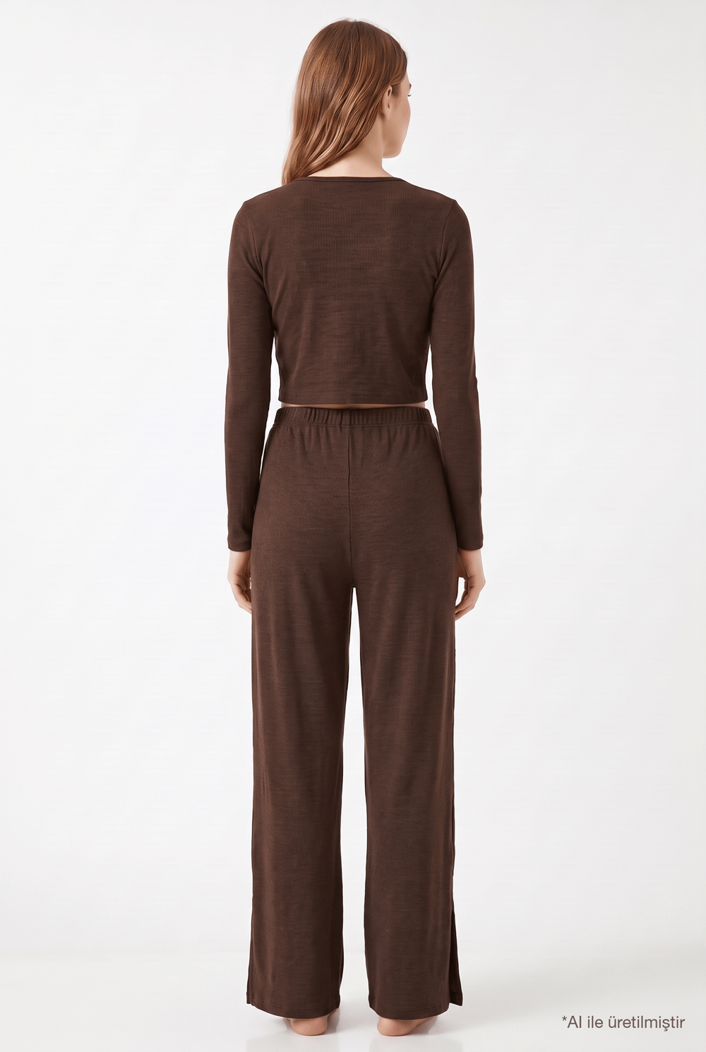 Premium - Serene Collection | Kahverengi Rib Dokulu Önden Bağlamalı Viskon 3lü Kadın Pijama Takımı