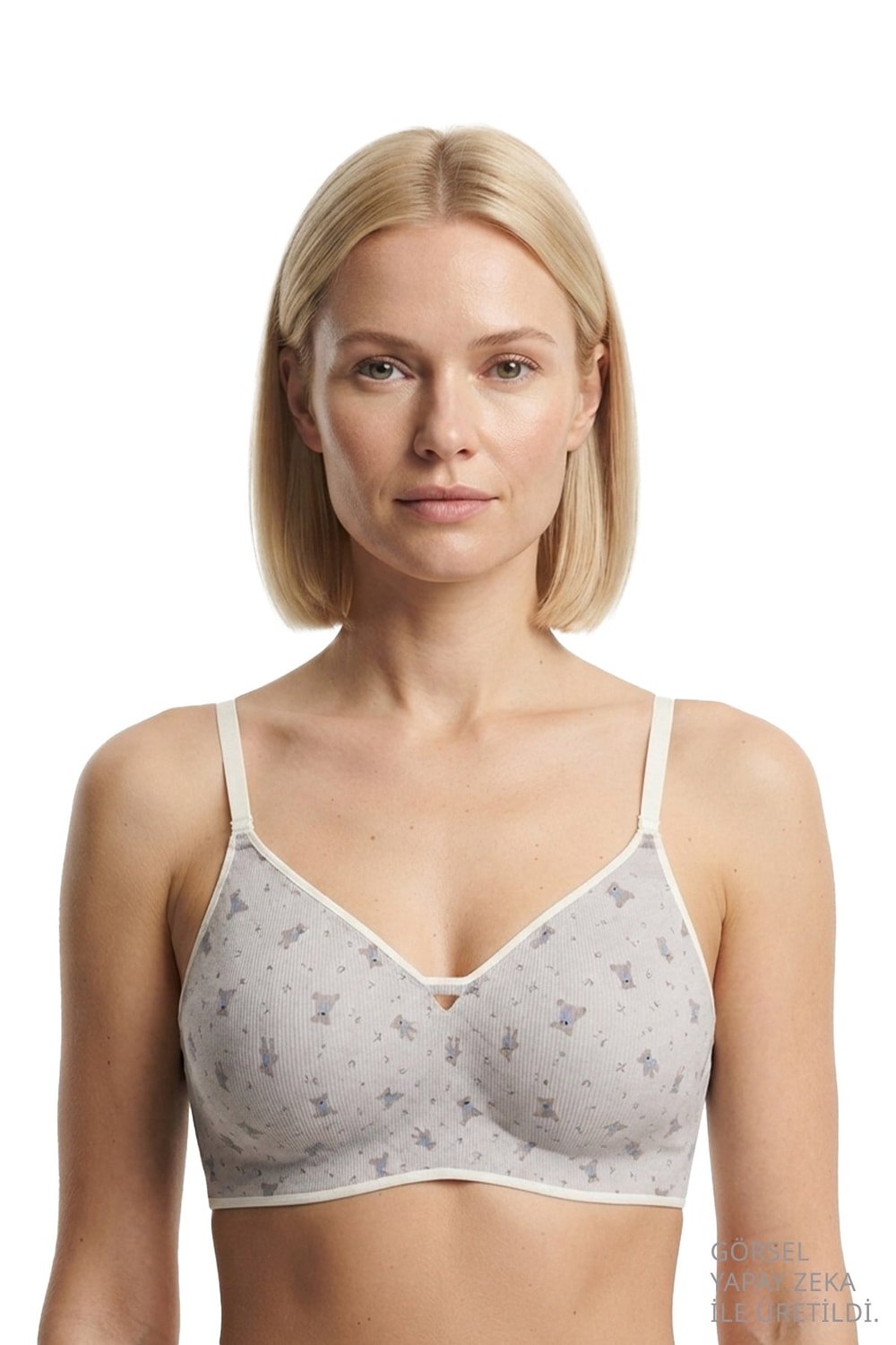 Seamless Bra - Mireva | Gri Lazer Kesim Rib Dokulu Ayıcık Desenli Balensiz Kadın Sütyen