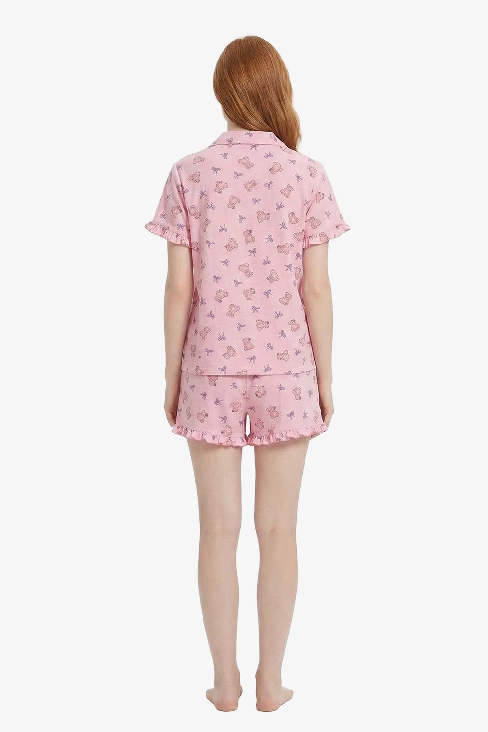 Pudra Ayıcık Desenli Bürümcük Gömlek Yaka Kadın Şortlu Pijama Takımı