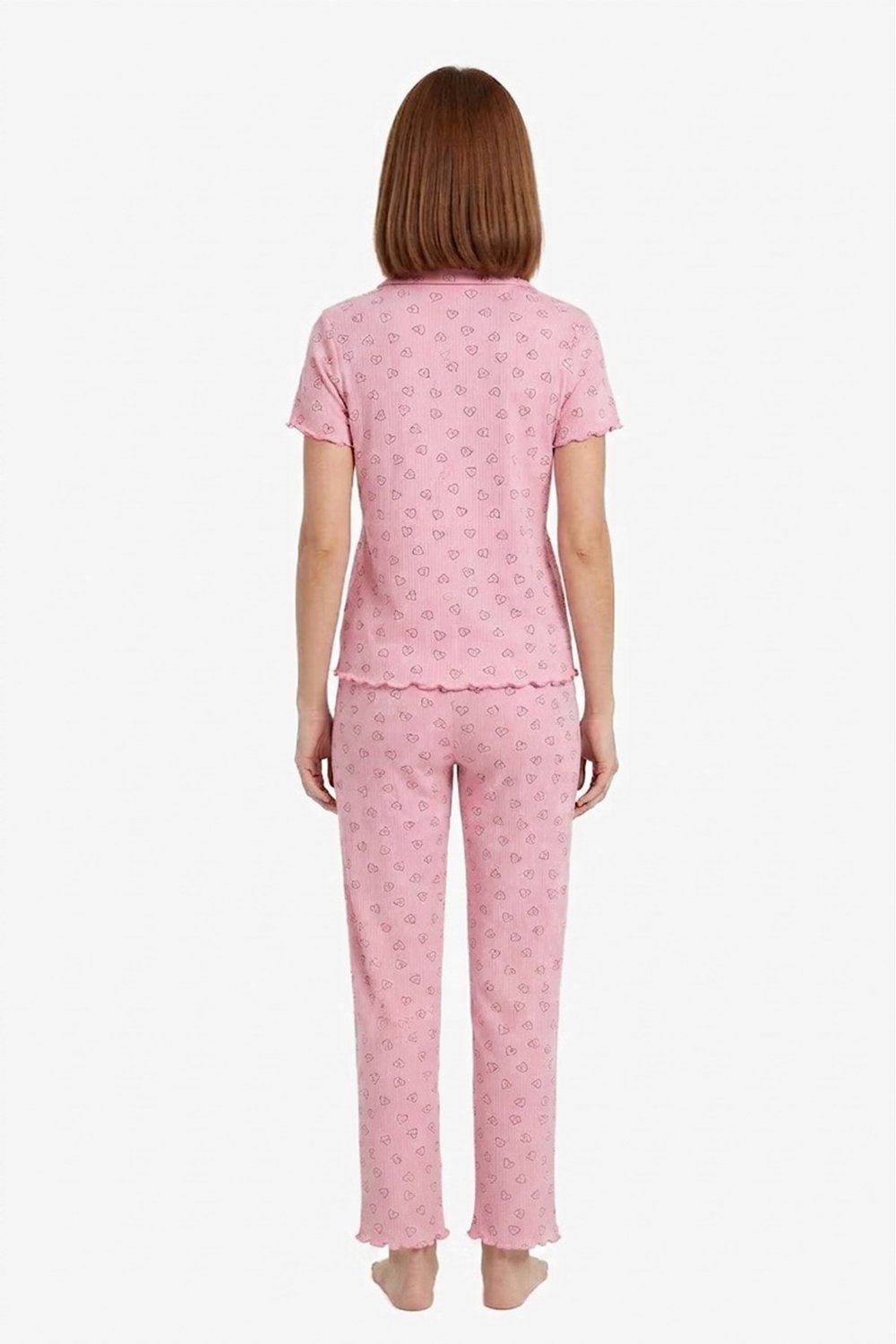 Pudra Kalp Desenli Pointel Gömlek Yaka Kadın Pijama Takımı