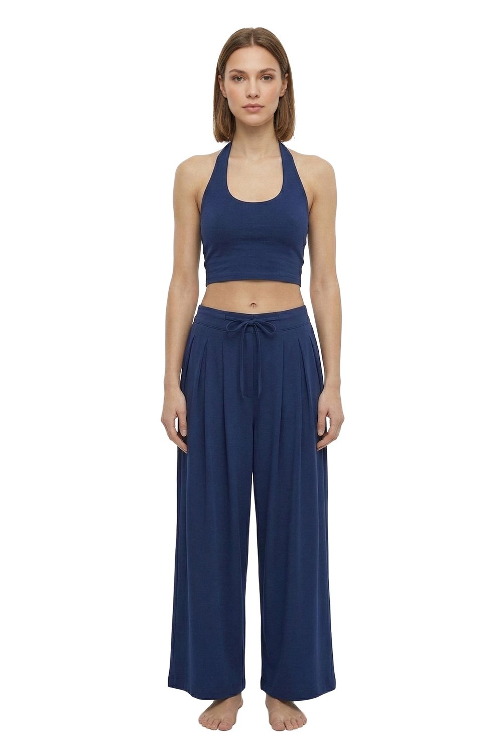 Lacivert Viskon Halter Yaka Sırt Dekolteli Kadın Crop Atlet