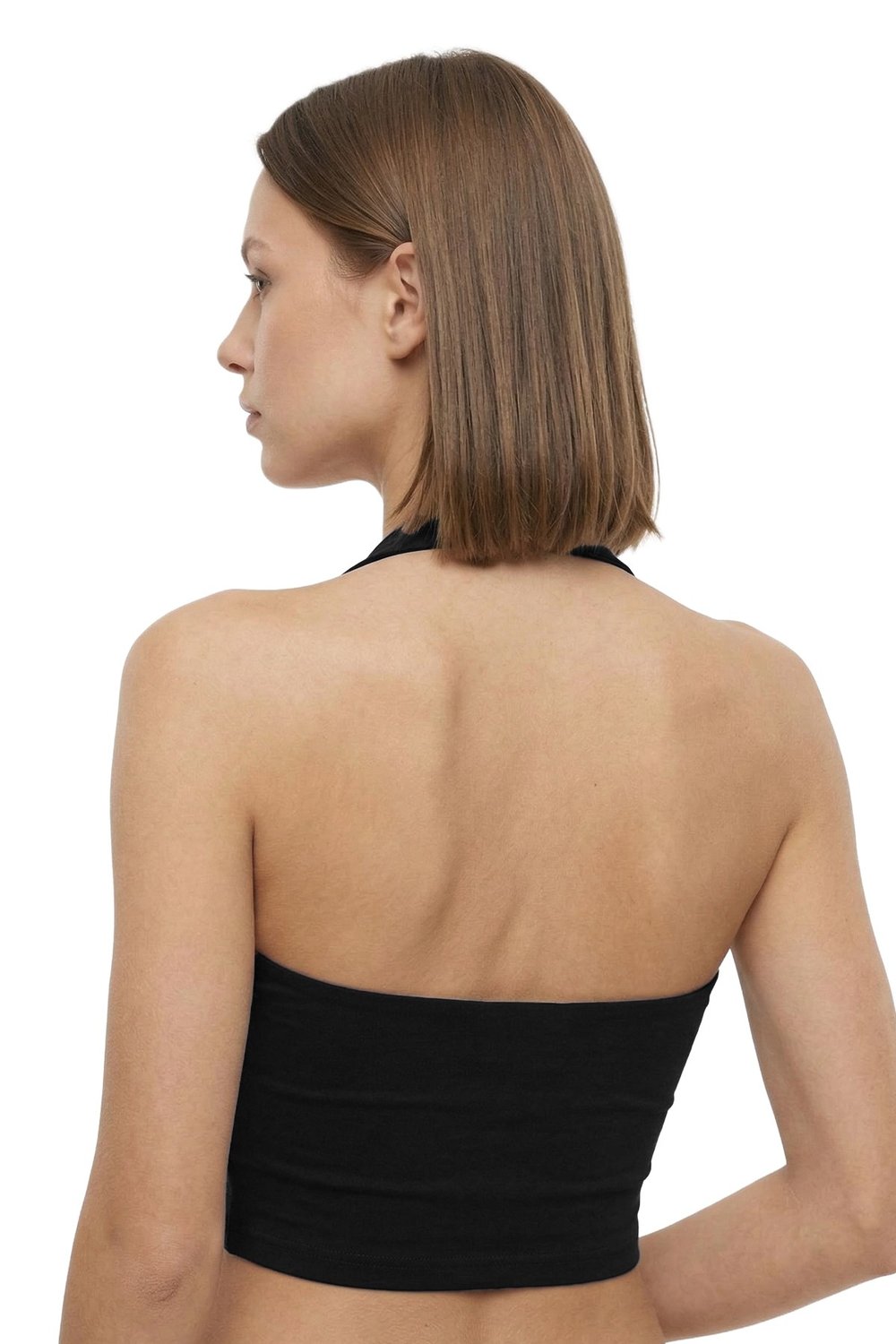 Siyah Viskon Halter Yaka Sırt Dekolteli Kadın Crop Atlet