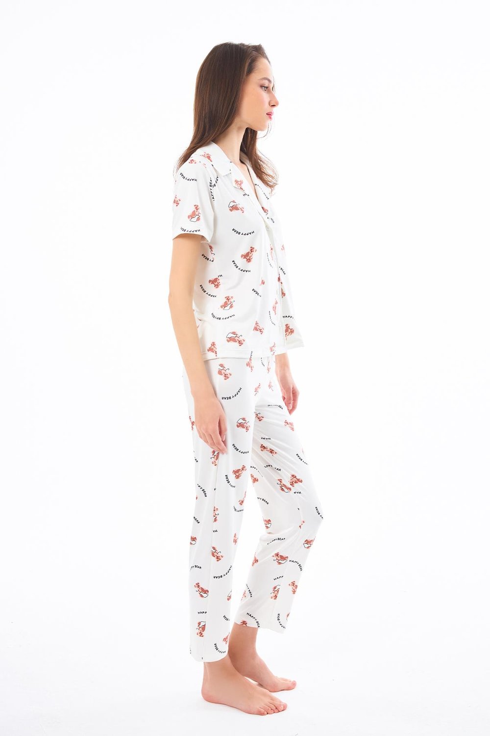 Premium Kadın Pijama Takımı Ayıcık Desenli Yumuşak Dokulu Kısa Kollu Gömlek Yaka