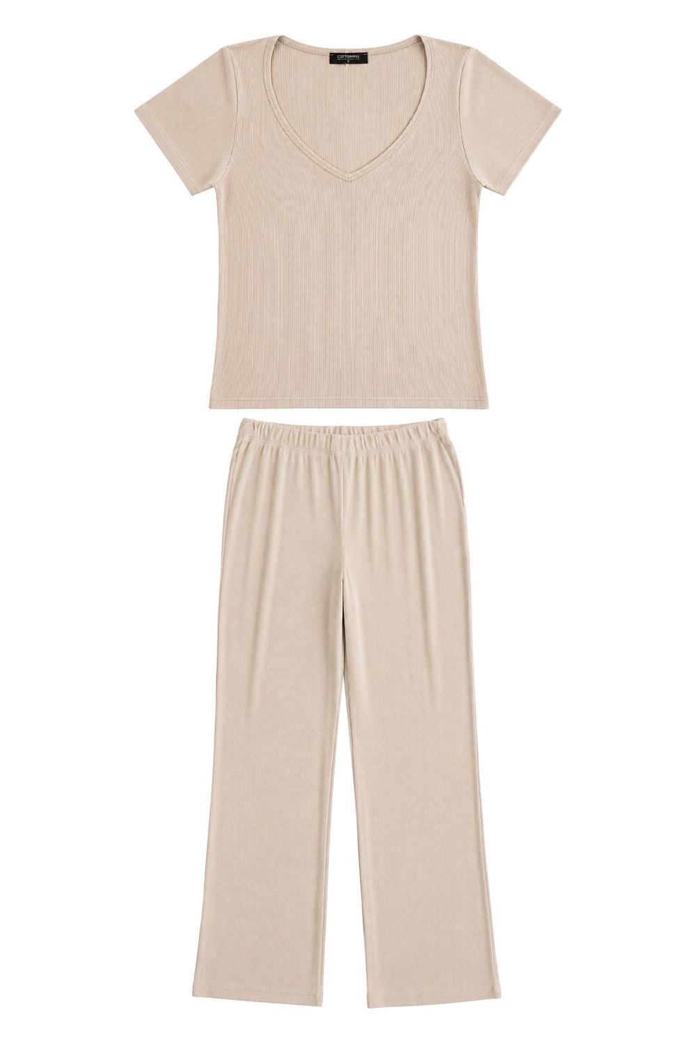 Premium - Neat Collection | Bej Rib Dokulu V Yaka Modal Viskon Bol Paça Kadın Pijama Takımı